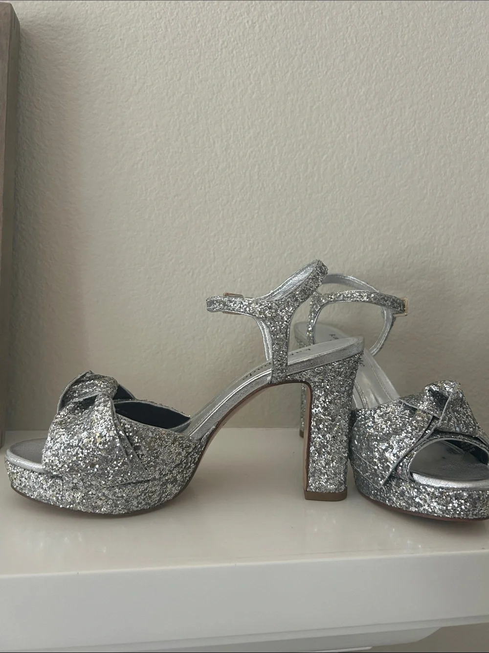 Kate Spade Miya Silver Glitter Bow Platform Sandal with Ankle Strap